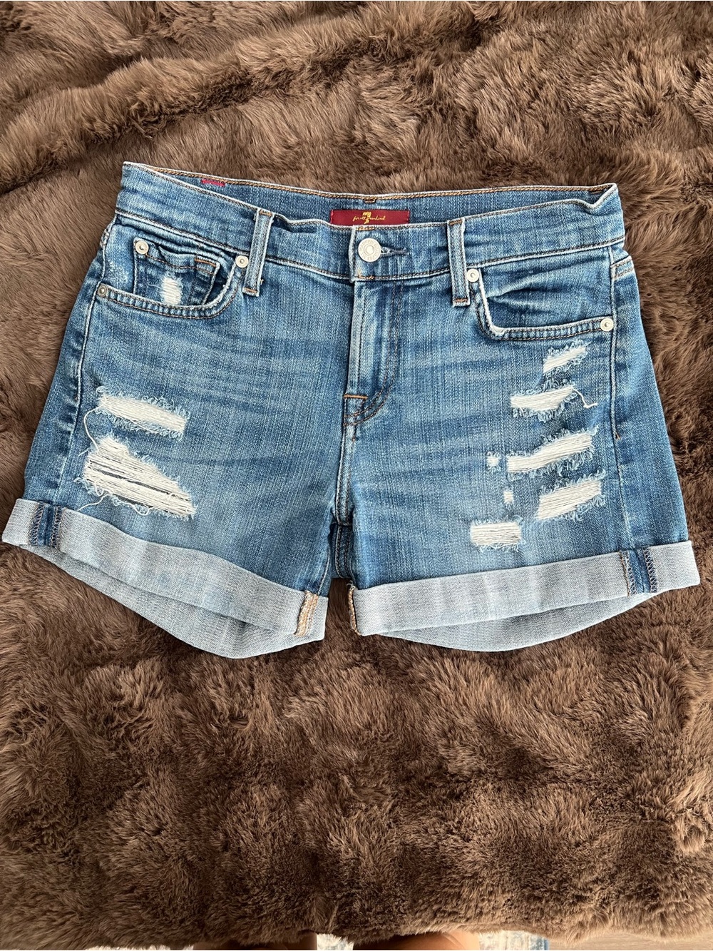 7 For All Mankind Medium Wash Distressed Cuffed Denim Shorts